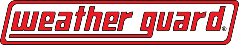 A red and white weather guard logo on a white background