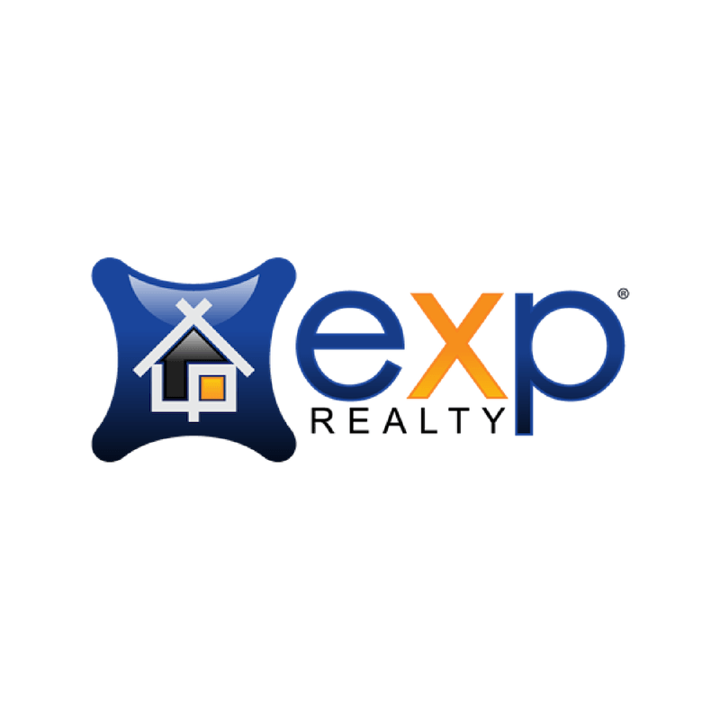 Logo for eXp Realty: blue, glossy shape with a house icon and the words 