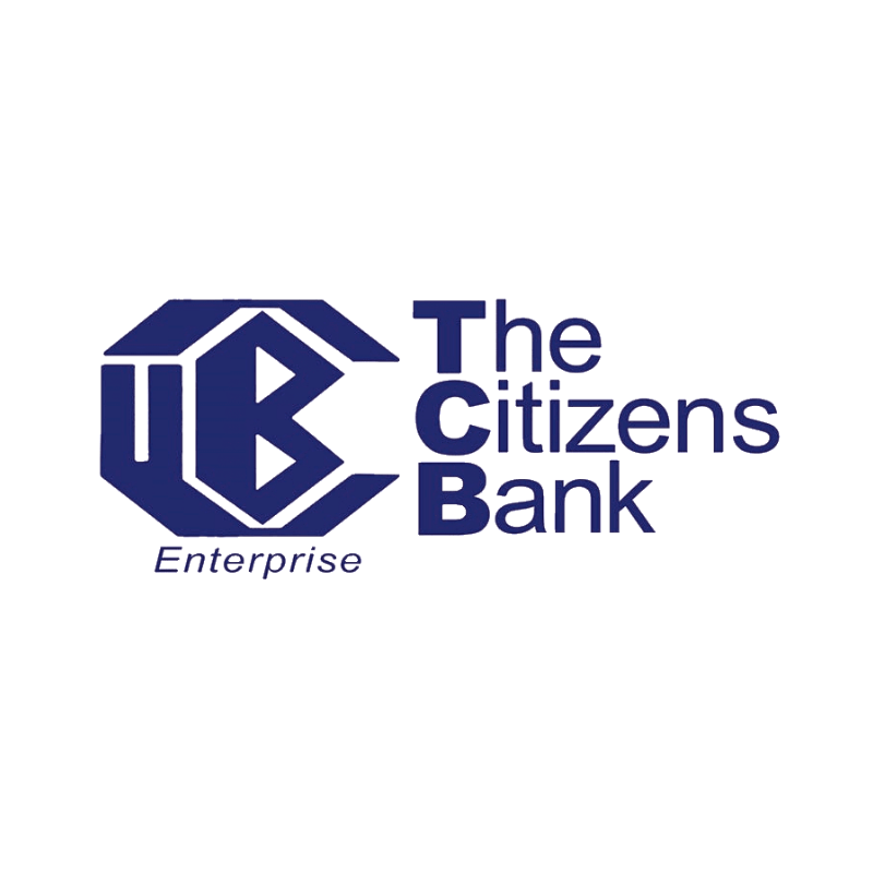 Logo for The Citizens Bank Enterprise. Features blue geometric design, bank name, and 