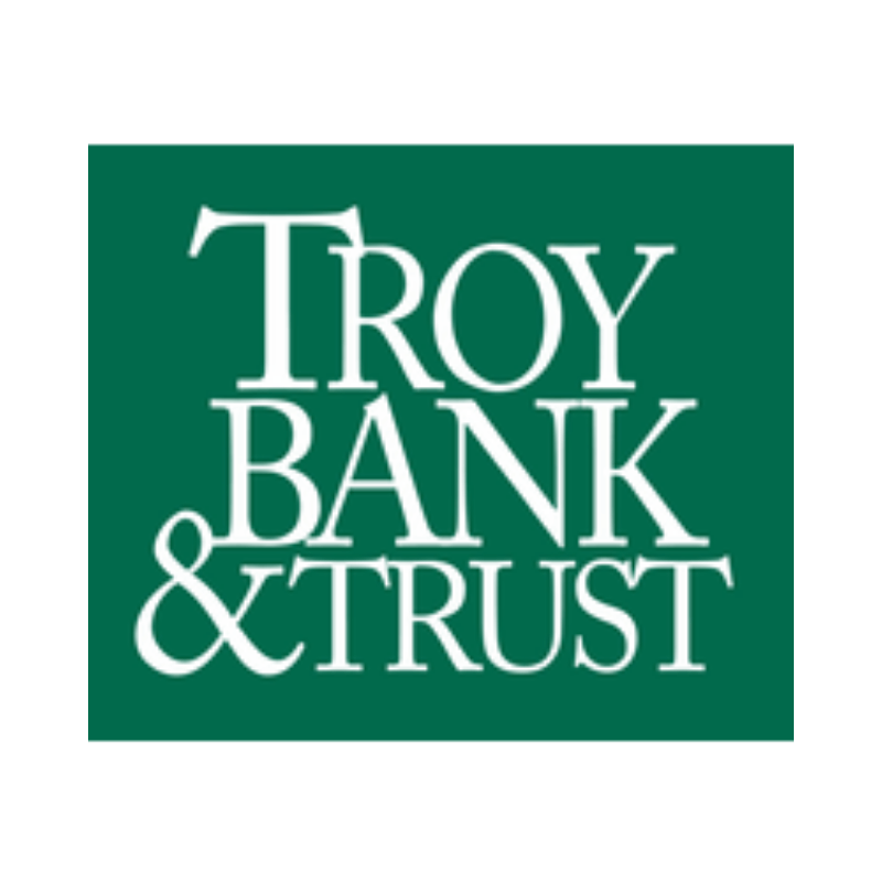 Troy Bank & Trust logo, white text on a green square background.