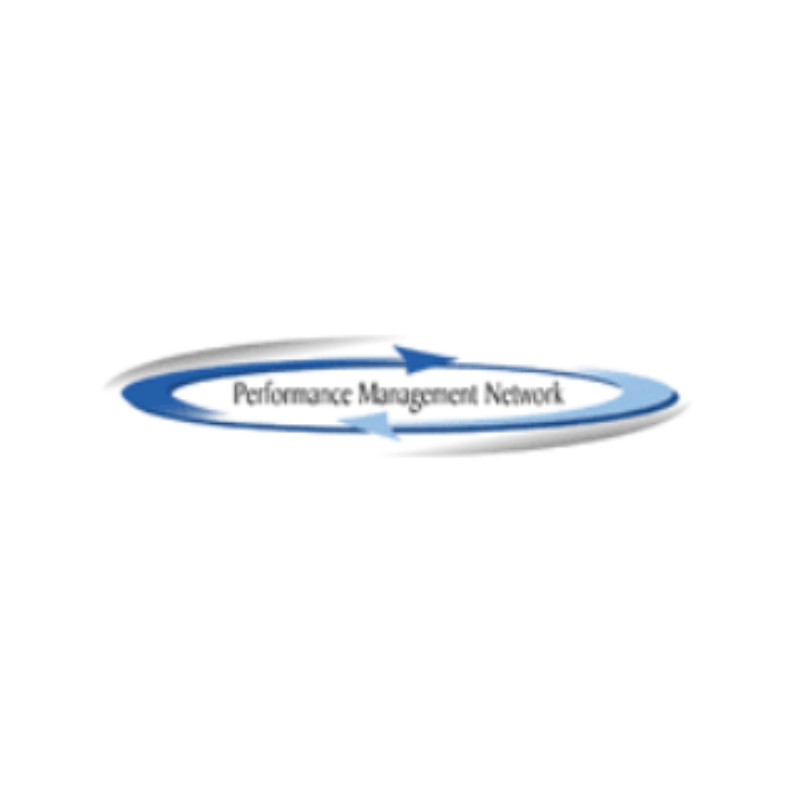 Logo of Performance Management Network: blue curved arrows encircling the text,