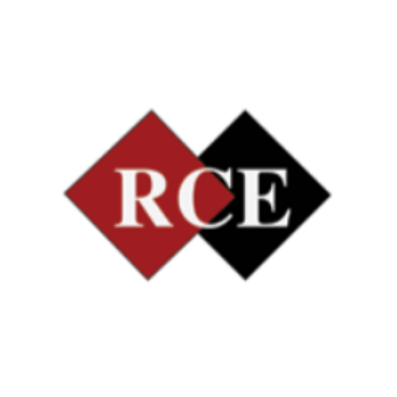 RCE logo: overlapping red and black diamond shapes with white