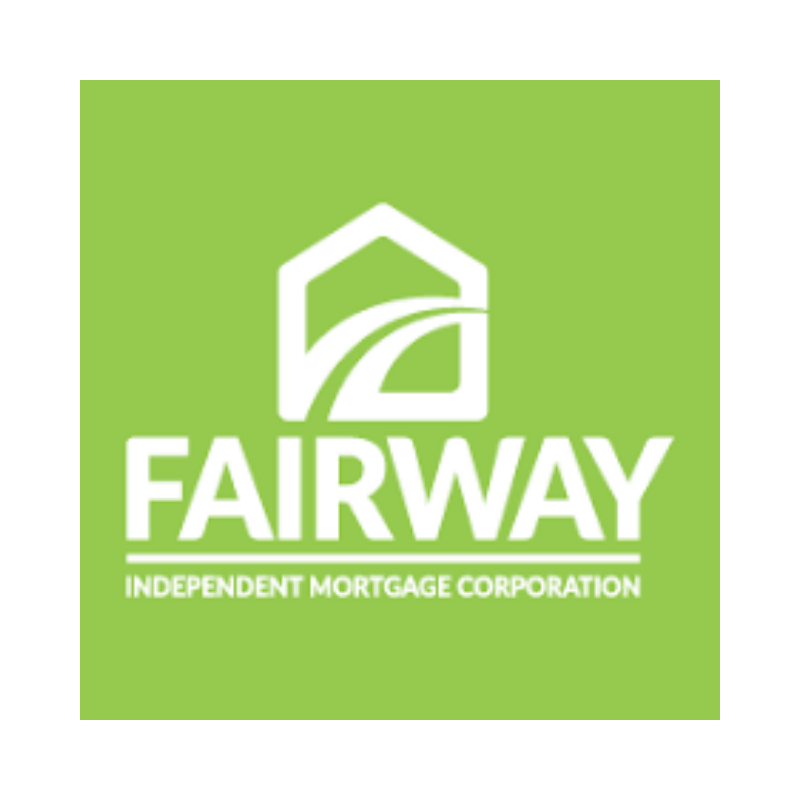 Fairway Independent Mortgage Corporation logo: white house icon with curved line, over green background.