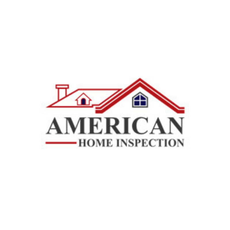 Logo for American Home Inspection: red roof and chimney over text.