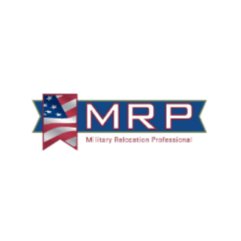 Logo for Military Relocation Professional: American flag with blue and red banner reading