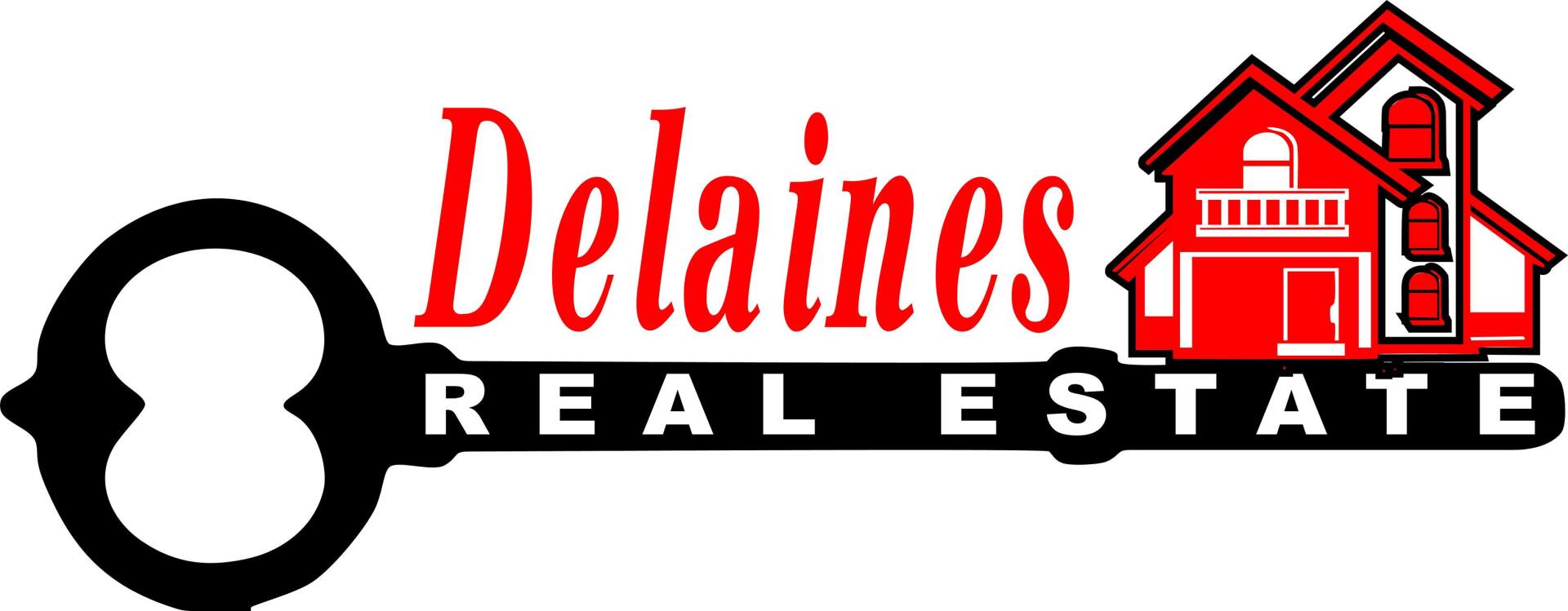 Logo for Delaines Real Estate featuring a key, houses, and text in red and black.