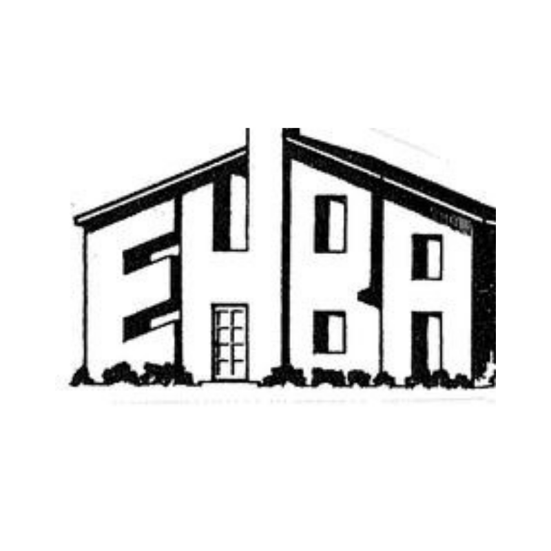 Black and white logo: stylized house shape with 