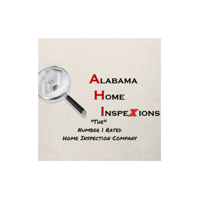 Logo: Alabama Home Inspections, magnifying glass over a house. Red text, cream background.