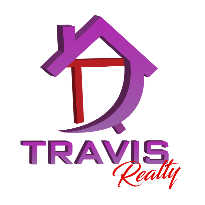 Logo for Travis Realty: Purple house outline with a swoosh, red letter 
