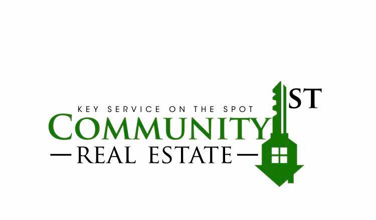 Logo for Community Real Estate: green key with house icon, text 