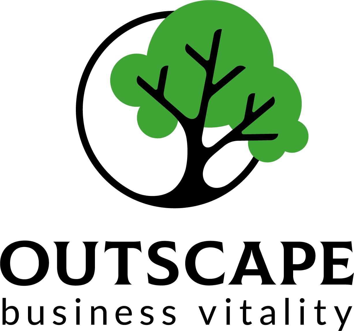 Logo van Outscape met een gestileerde zwarte boom en groene bladerkroon, symbool voor groei en duurzaamheid.