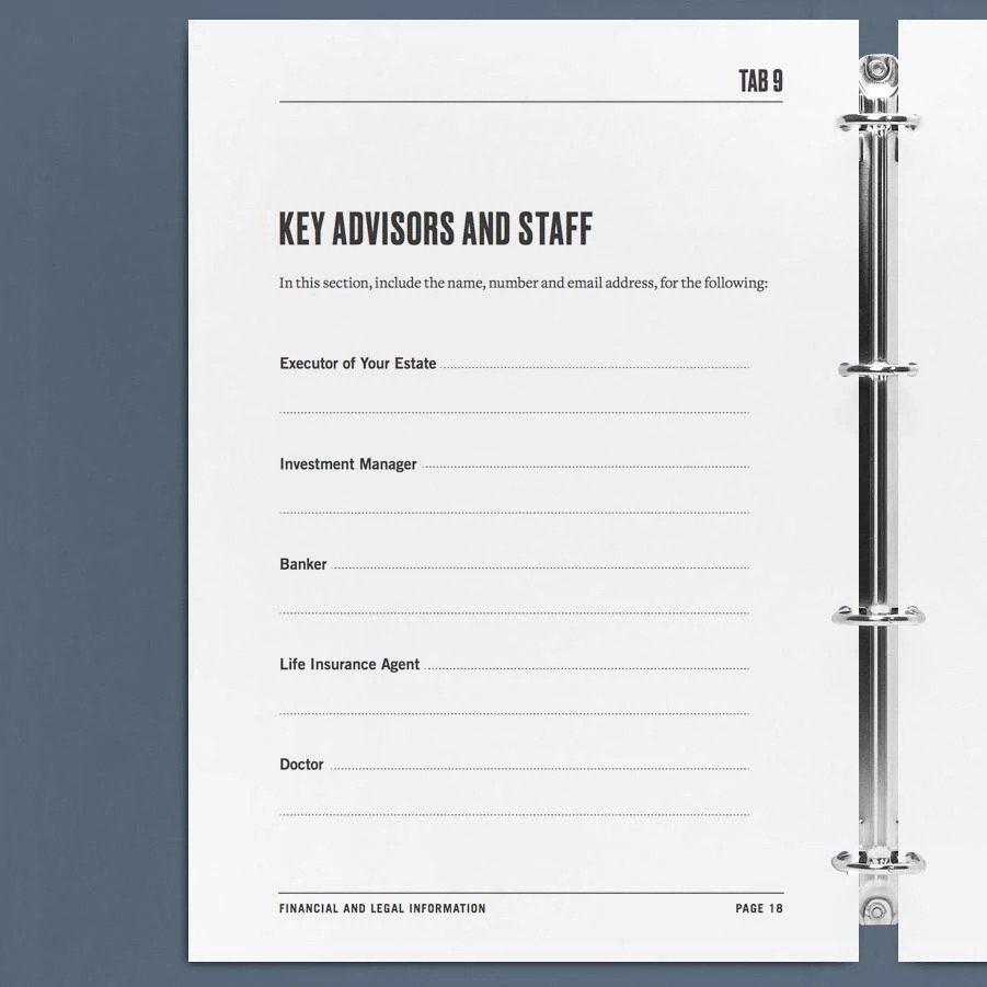 One page of the Departing Details Workbook in an open binder