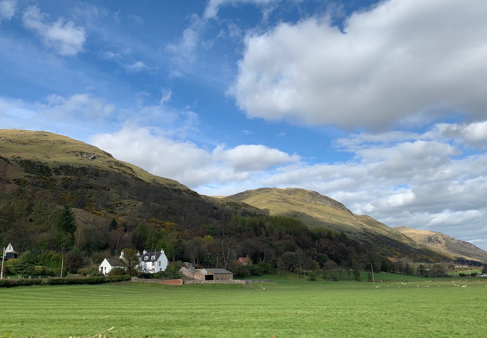 White farmhouse at the seat of The Ochills on sunny day. White farmhouse at the seat of The Ochills on sunny day.