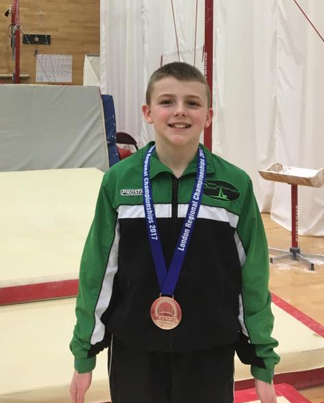 A men's artistic gymnast winning silver on rings and 6th all around at the London gymnastics regional championships