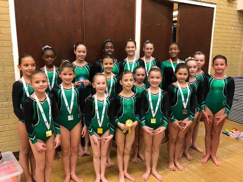 group of gymnasts at the neon competition with medals