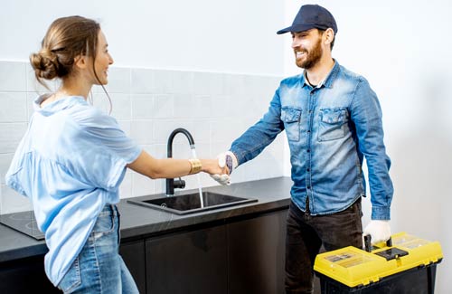 Satisfied Client Shaking Hands with Plumber — Low-Flow Showerheads — Express Plumbing & Drain Service