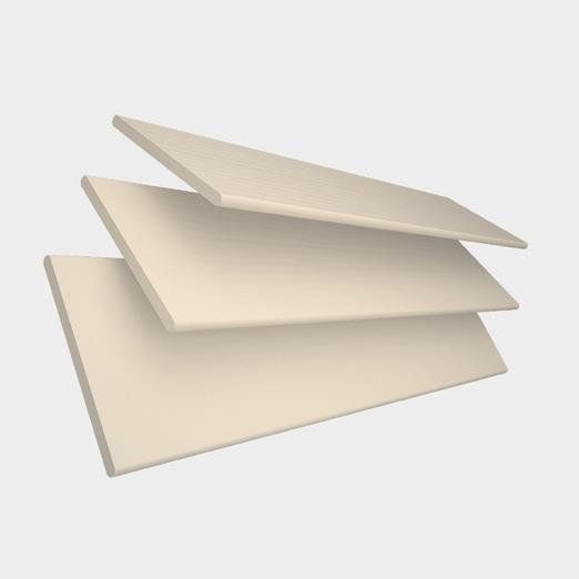 Three white sheets of paper are stacked on top of each other on a white background.