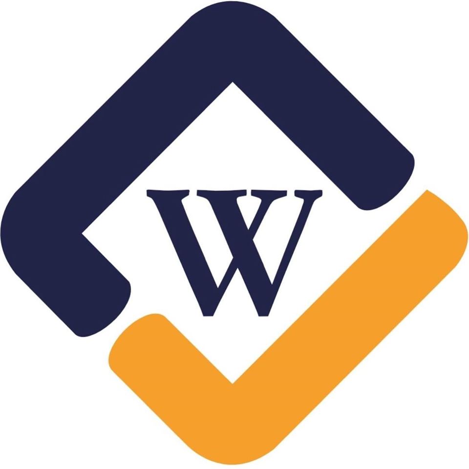 Blue and orange stylized diamond with a navy letter "W".
