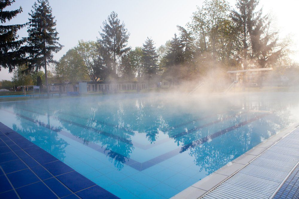 Une piscine avec de la vapeur qui en sort et des arbres en arrière-plan.