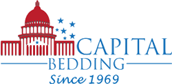 Logo for Capital Bedding, featuring a red U.S. Capitol building icon with blue stars, over the text 