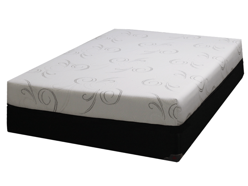 A white mattress with a grey swirl pattern on top, resting on a black box spring against a white background.