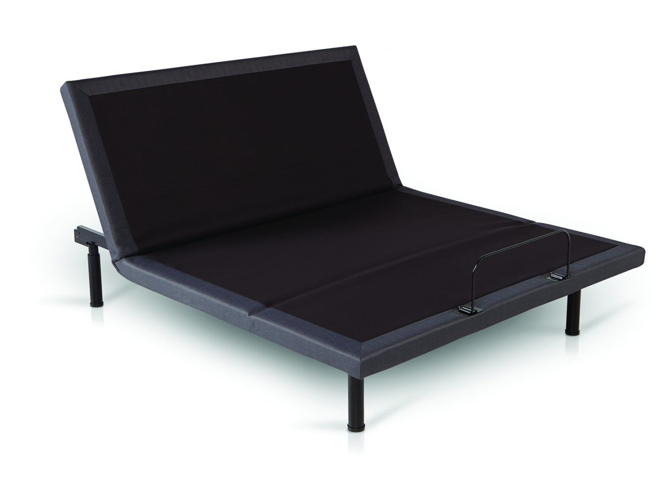 A black adjustable bed base with its head section elevated, positioned on four dark legs against a white background.