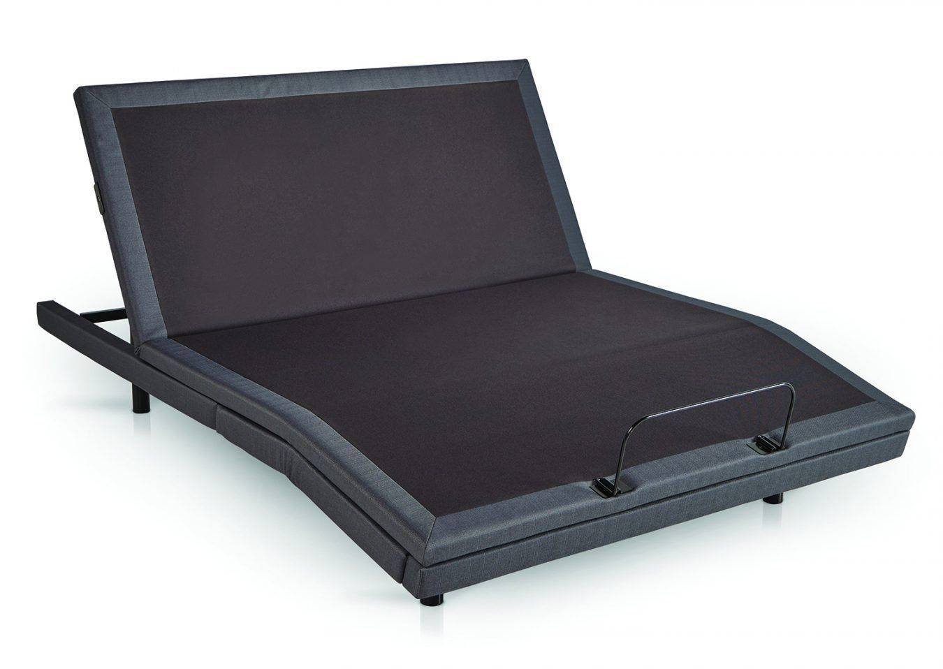A gray adjustable bed base with the head portion raised, featuring a black fabric surface and a mattress retainer bar.