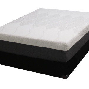A white mattress with a patterned top on a black base, isolated against a white background.