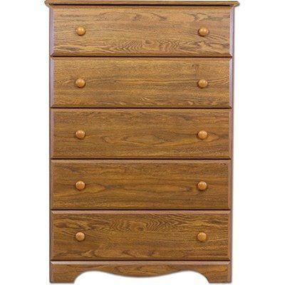 A tall, wooden five-drawer chest of drawers with a natural oak finish and simple round wooden knobs.