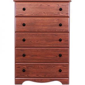 A tall, five-drawer wooden dresser in a warm oak finish with black round knobs and a decorative arched base.