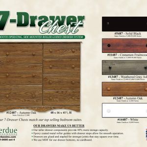 A 7-drawer chest in Autumn Oak, shown with five available color finish options on the right and product specifications.