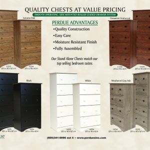 A catalog display of Perdue brand bedroom chests available in five different wood finishes and two height variations.