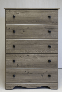 A tall, five-drawer wooden dresser with a light gray, wood-grain finish and round black knobs.