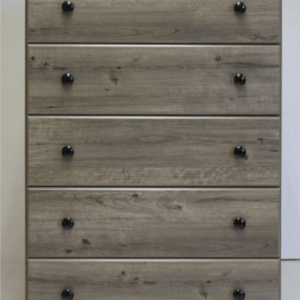 A five-drawer dresser made of light grey, wood-grain patterned laminate with round black knobs on each drawer.