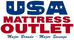 Logo for USA Mattress Outlet in red and blue featuring white stars, with the slogan 