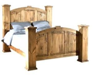 A rustic, light-wood bed frame with a prominent arched headboard and footboard featuring square, paneled detailing.