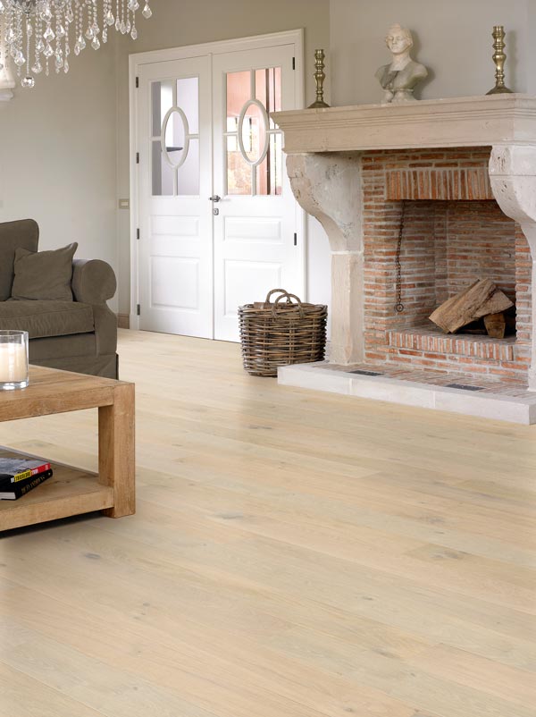 fireplace and living room with QS Laminate flooring
