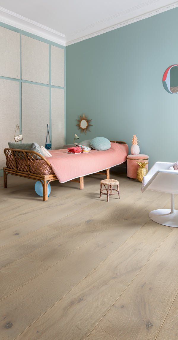bedroom with light palazzo timber