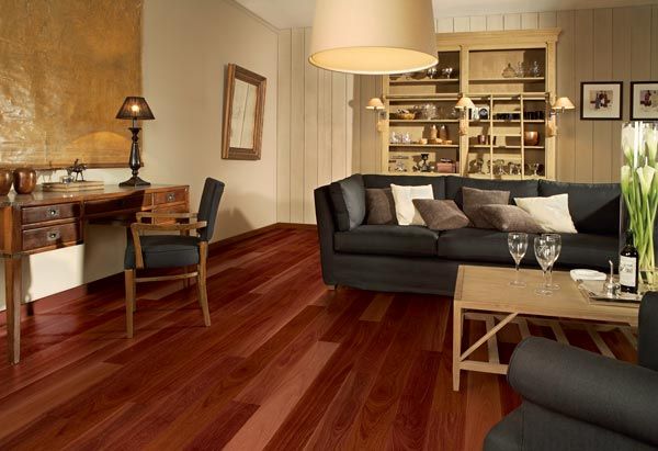 living room with dark cherry timber floors