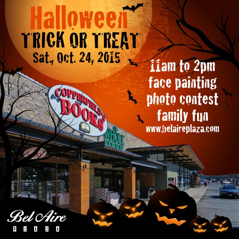 An advertisement for halloween trick or treat at bel aire