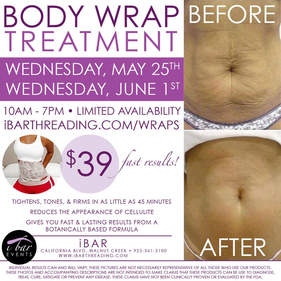 An advertisement for a body wrap treatment on wednesday may 25th