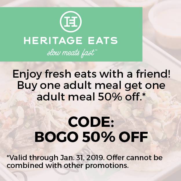 An advertisement for heritage eats that says enjoy fresh eats with a friend