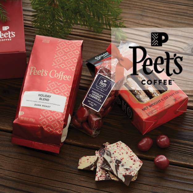 A bag of peet 's coffee sits on a wooden table