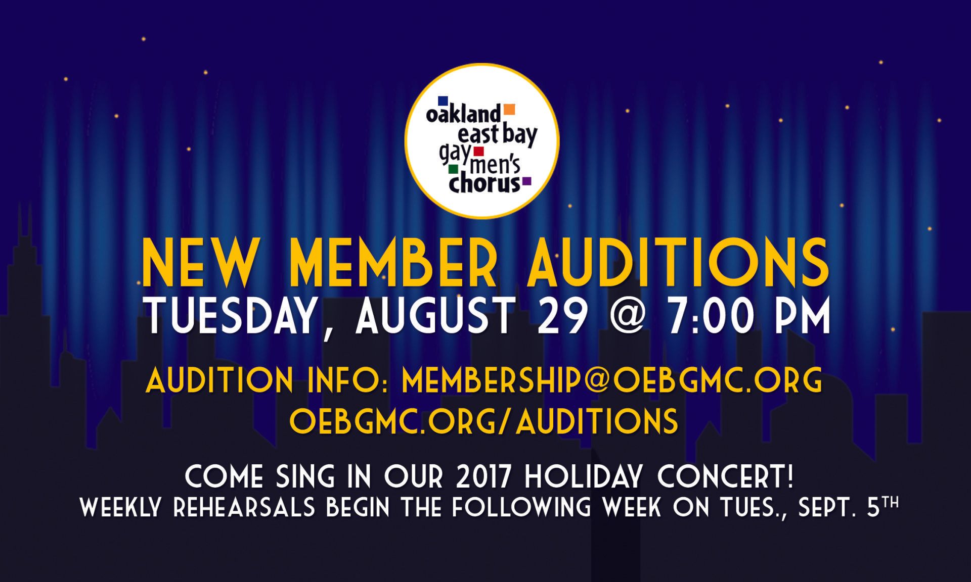 A poster for a new member audition on tuesday , august 29 at 7:00 pm.