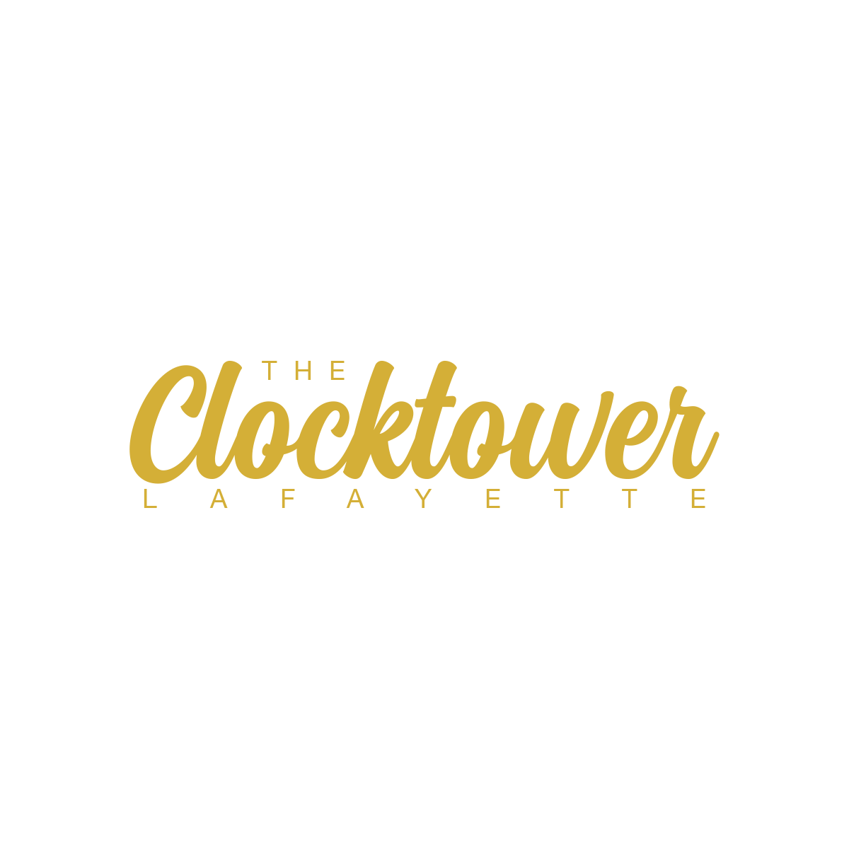 A gold logo for the clocktower lafayette on a white background.