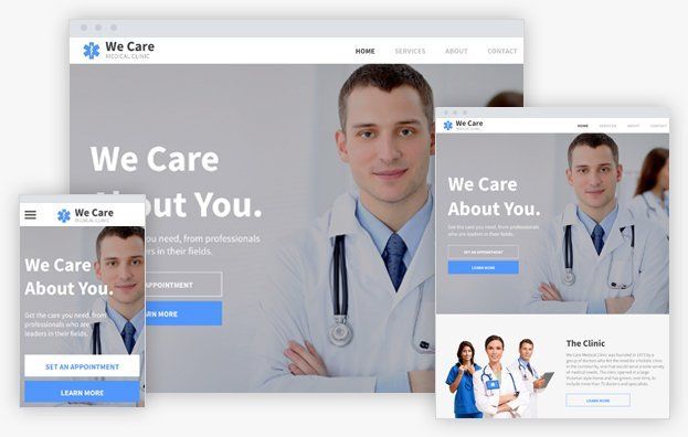 A doctor 's website is displayed on a computer , tablet , and phone.