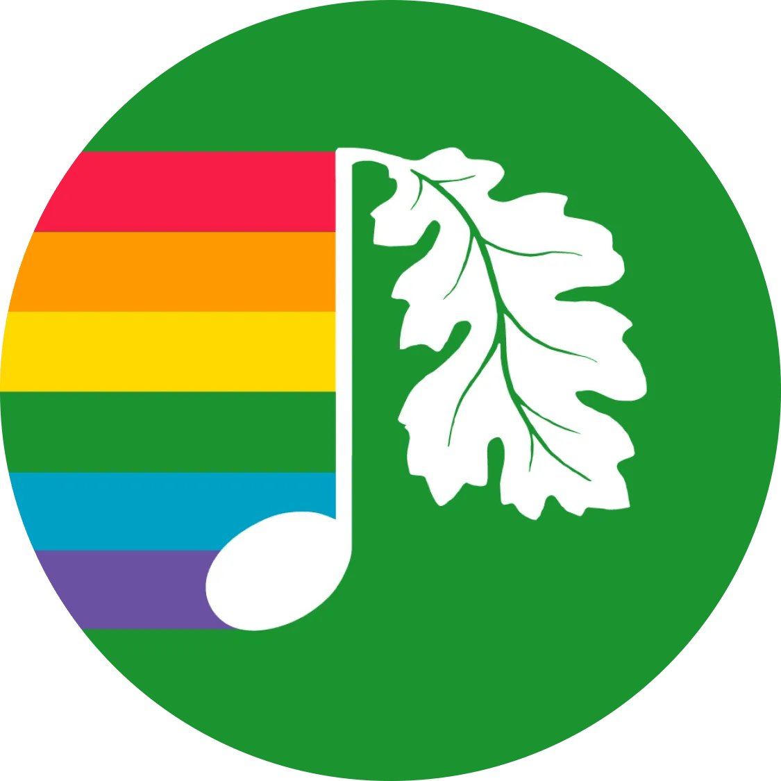 A green circle with a leaf and a music note on it