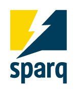 A blue and yellow logo with a lightning bolt and the word sparq.