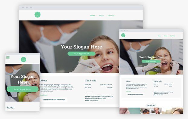 A dental website is displayed on a computer , tablet , and phone.