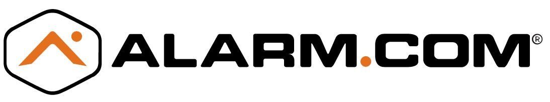 Logo for Alarm.com, featuring a hexagon with an orange upward-pointing arrow, and the company name in black text.